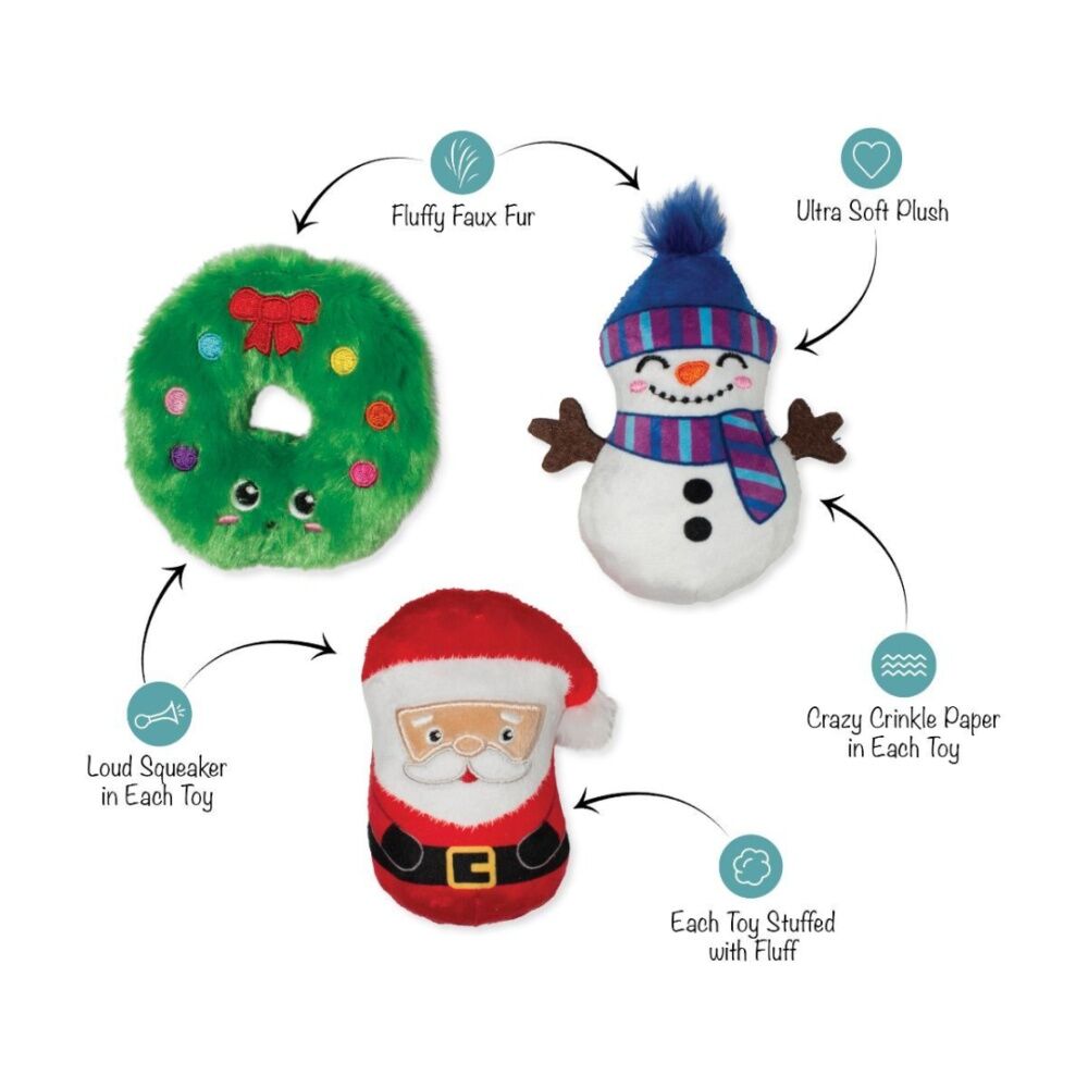 3pc Fringe Studio We Have Great Chemis-Tree Dog Toy Set Wreath/Snowman/Santa