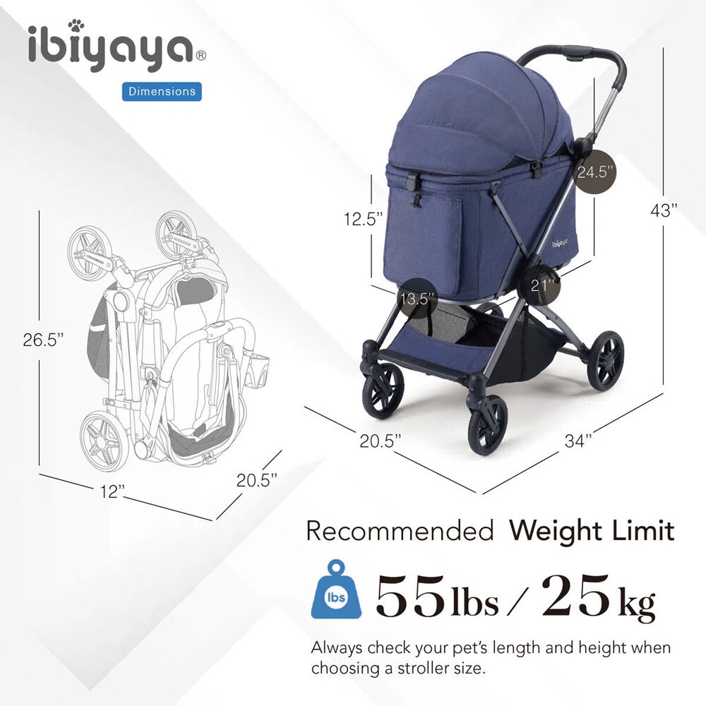 Ibiyaya Maxi Deep Carriage Pet Stroller For Dogs/Cats w/Sunshade Royal Blue