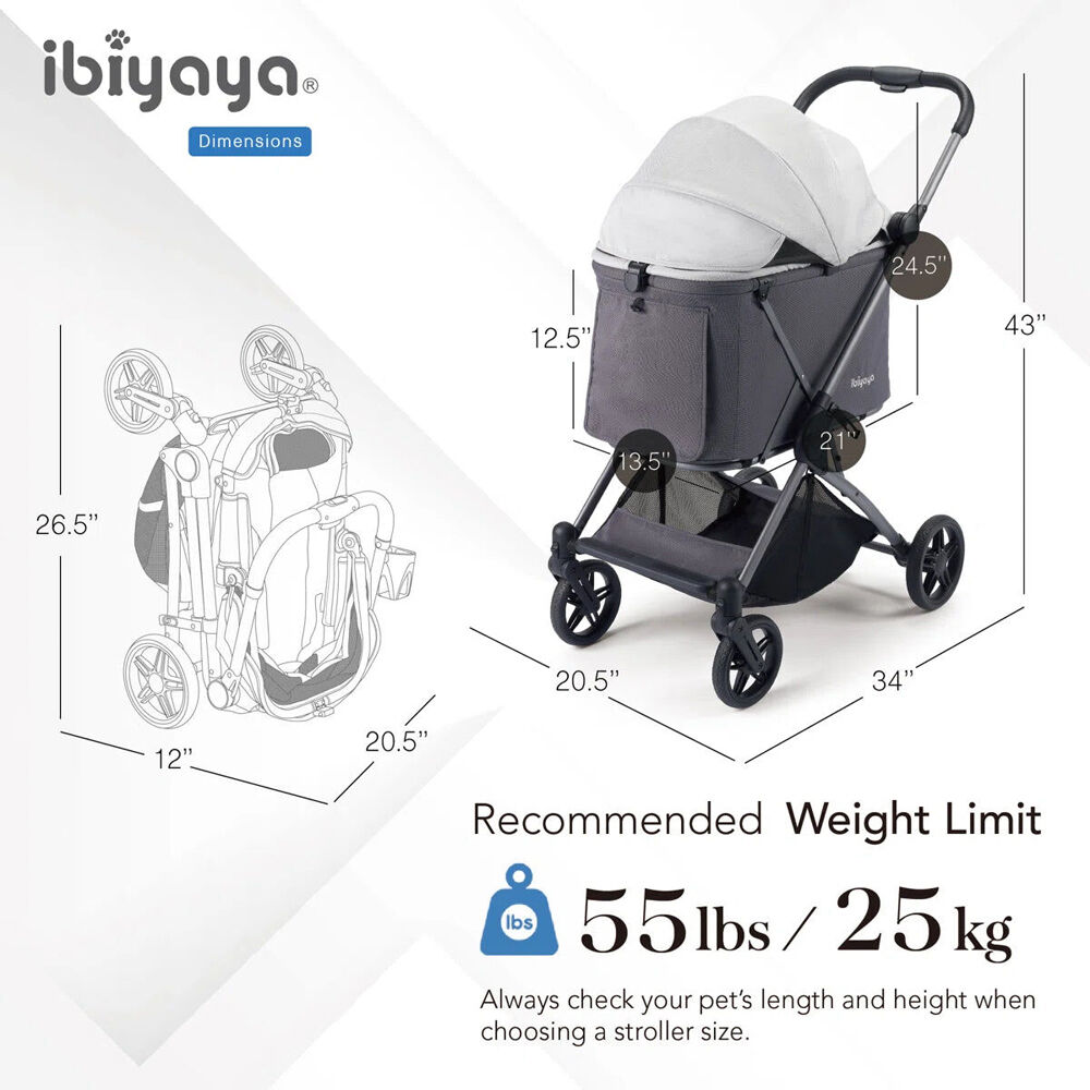 Ibiyaya Maxi Deep Carriage Pet Stroller For Dogs/Cats w/Sunshade Grey