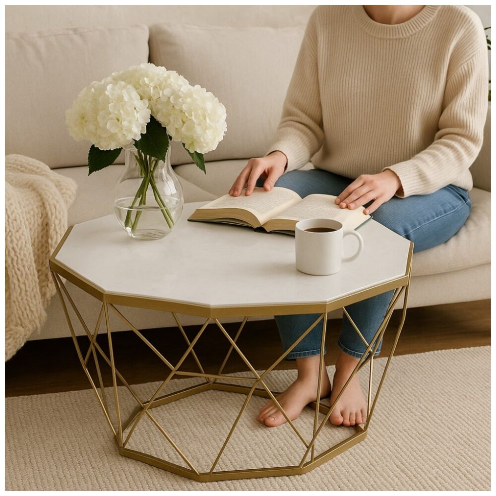 NF Living Geo Coffee Table 74x43cm Marble & Iron Finish - Gold